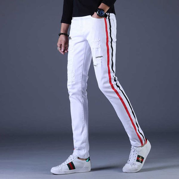 

men's jeans #1318 white pencil slim side striped skinny streetwear ripped for regular fit biker man printed t221102, Blue