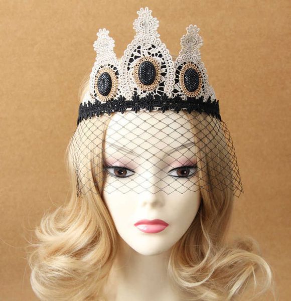 

halloween hair jewelry evil queen mask black netted lace crown half-face masks ladies headbands with veil, Golden;white