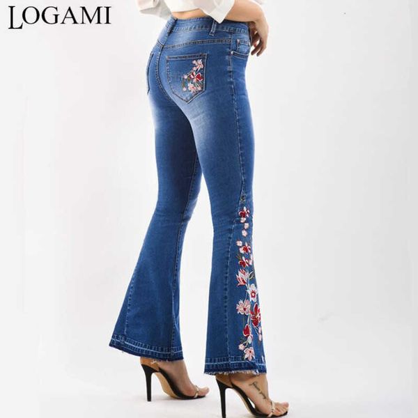 

women's jeans logami embroidery woman skinny pants flare denim ladies, Blue