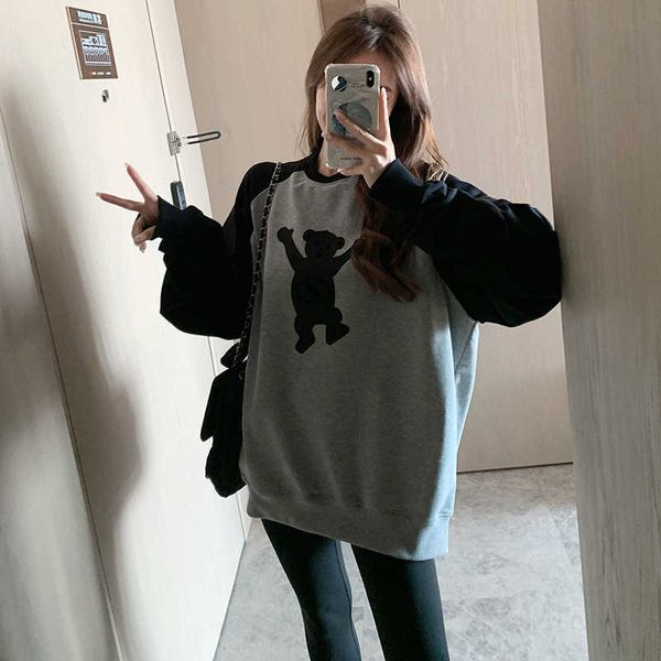 

color done women's well hoody teddy bear long sleeve round neck loose sweater splicing shoulder brand hoodies casual sweatshirt graffit, Black
