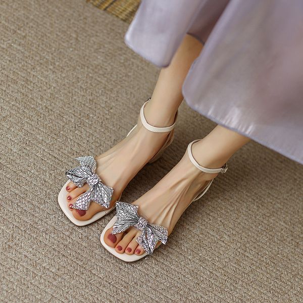 

sandals women summer new fairy pearl mesh square head light lady low heel coarse heel women's shoes breathable comfortable slippers, Black