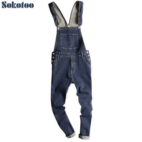 

men's jeans sokotoo men's dark blue denim bib overalls slim fit jeans casual pocket cargo pants suspenders jumpsuits t221102