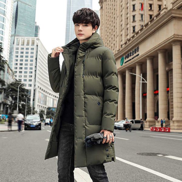 

winter new men's medium and long down cotton padded jacket warm thickened hooded large, Black