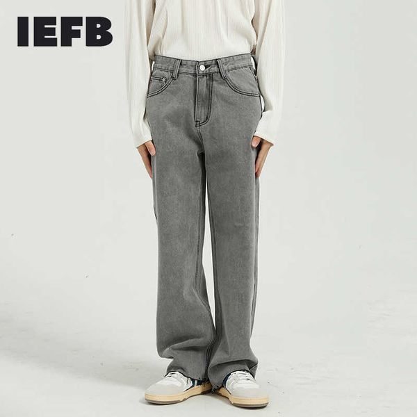 

men's jeans iefb men's wear 2022 autumn new black jeans korean loose straight tube light grey raw edge jeans for men straight trou, Blue