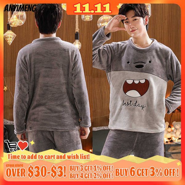 

men's sleepwear winter new mens pajamas cute bears embroidary soft flannel leisure sleepwear for men boys casual pajama preppy style ma, Black;brown