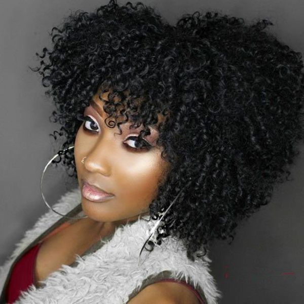 

afro kinky curly wig human hair with bangs pixie cut tapered machine made scalp wig short full coverage wigs, Black;brown