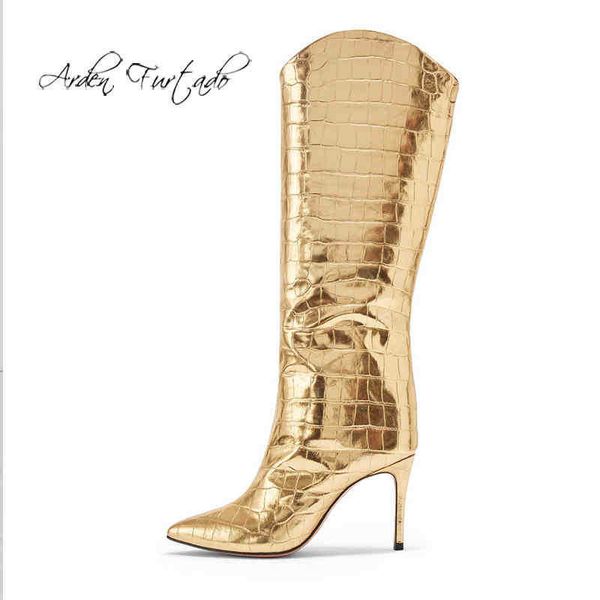 

boots arden furtado 2020 fashion women's shoes pointed toe stilettos heels elegant ladies slip-on gold knee high boots 45 220906, Black
