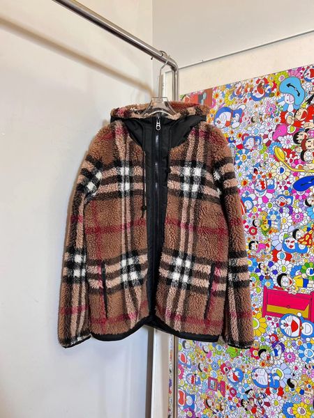 

lamb plush jacket women's autumn winter plaid long sleeve loose hooded jackets fashion designer thickened warm outdoor casual style men, Black;brown