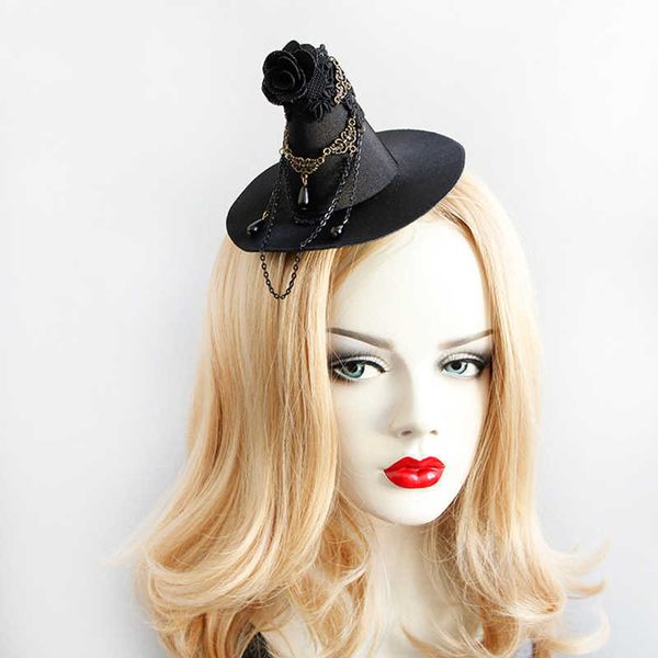 

black witch fascinator hat halloween hair jewelry gothic style flower/chain tassel sorceress for cosplay stage performance hair accessories, Golden;white