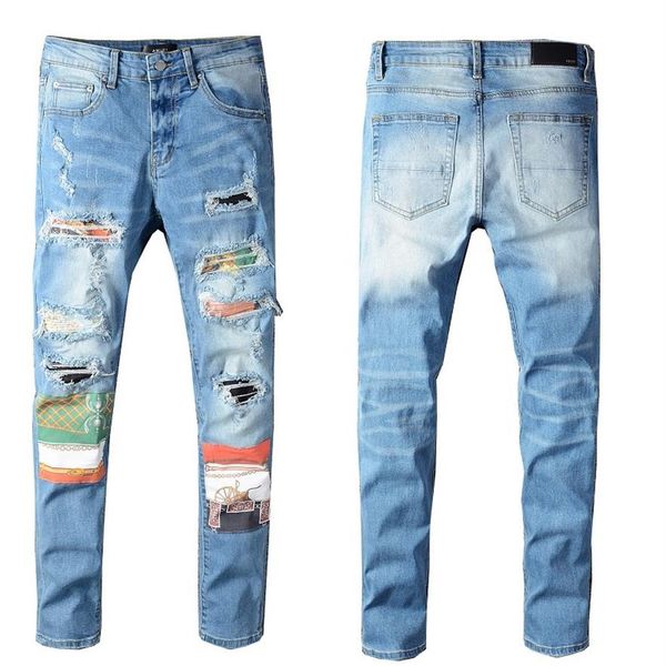 

20ss sell mens designer jeans distressed ripped biker slim fit motorcycle biker denim for men s fashion mans black pants225a, Blue