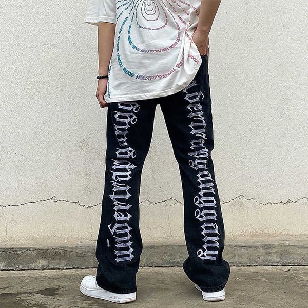 

men's jeans hip hop jeans men vintage back gothic letter embroidered ripped hole micro-flare denim trousers loose straight pants black, Blue