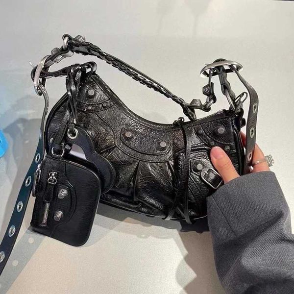 

aher max design leather balenicass biker bag 22 new women's motorcycle armpit rivet tassel three in one tooth wrinkled cow single shoul
