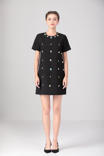 

casual dress fashion short sleeve round neck loose stud beads classic black s  l xl, Black;gray