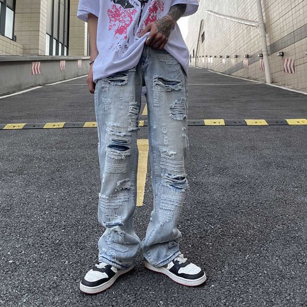 

men's jeans ripped hole retro washed mens jeans streetwear distressed casual baggy denim trousers harajuku straight vibe style loose pa, Blue