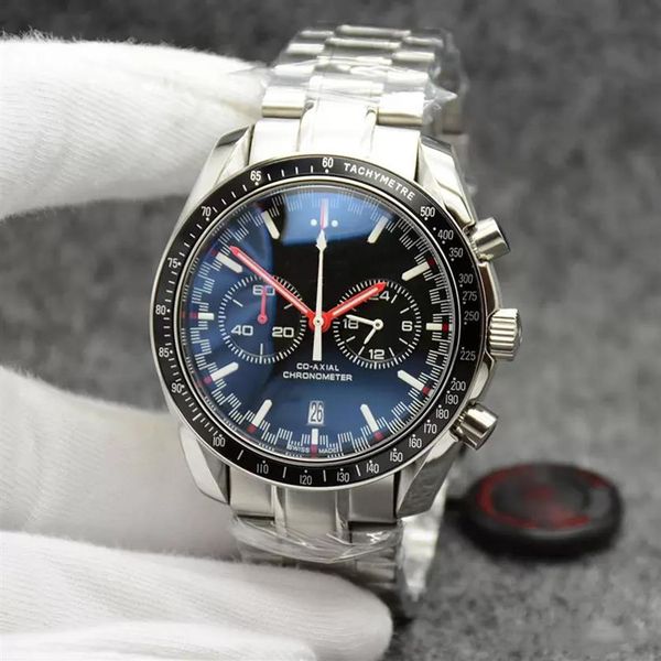 

high grade 44mm quartz chronograph mens watches red hands stainless steel bracelet fixed bezel with a ring showing tachymeter 193g, Slivery;brown