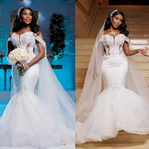 

graceful lace mermaid wedding dresses aso ebi off the shoulder modern floor length short sleeve bridal gowns arabic dubai, White