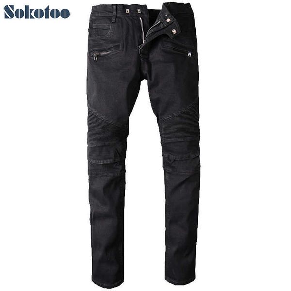 

men's jeans sokotoo men's big size black biker jeans for moto casual classic stretch denim pants long trousers t221102, Blue