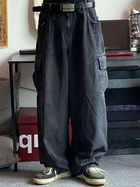 

men's jeans dark high street vintage washed oversize wide leg denim pants men's drape grunge workwear big pocket baggy, Blue