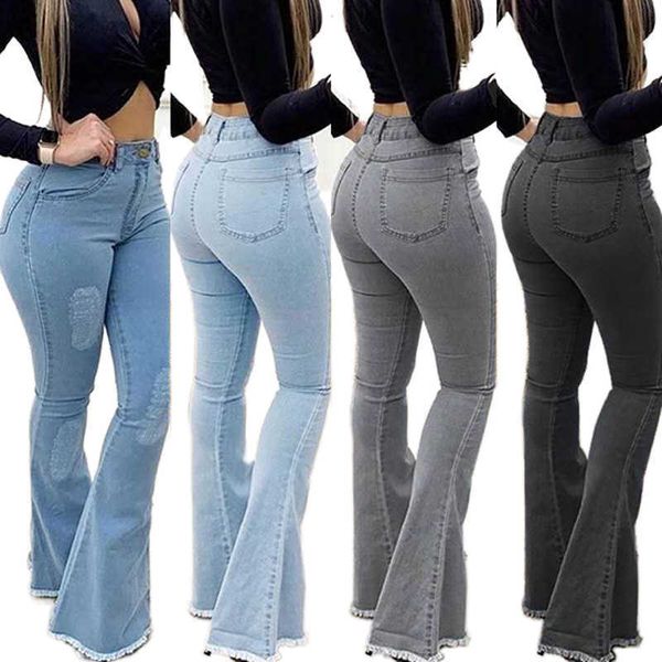 

women's jeans women bell bottom ripping flared jean destroyed raw hem boot cut stretch flare long for mom pantalone, Blue