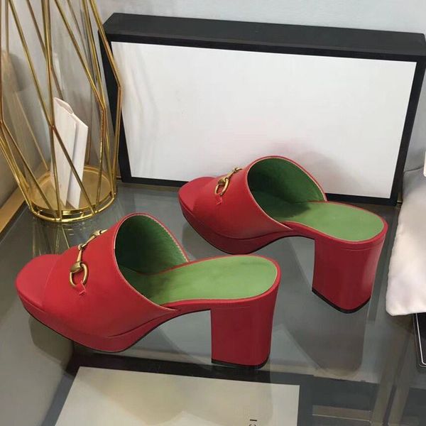 

summer high heel slippers fashion designer sandals metal buckle thick soled comfortable women's office shoes, Black