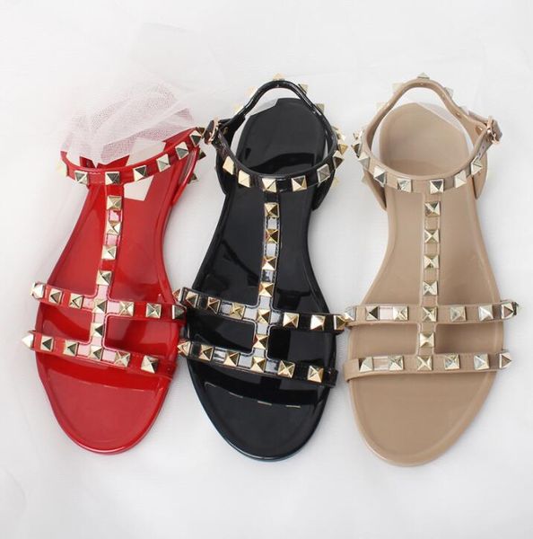 

designer brand sandals v flat rivets slippers pvc jelly flat sandal beach non-slip women's shoes with box and dust bag 34-40, Black