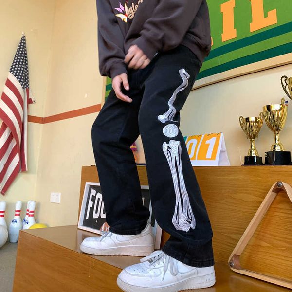 

men's jeans men skeleton baggy causal jeans pants 2022 japanese streetwear wide leg s male blue vintage denim trousers t221102