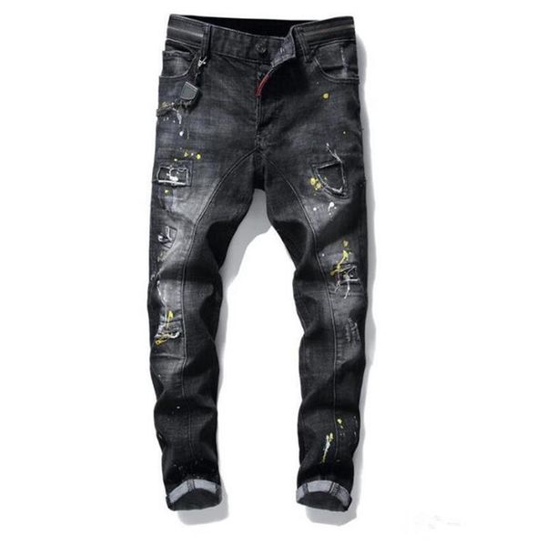 

mens badge rips stretch black men jeans slim fit washed motocycle denim pants panelled hip hop trousers fashion293t, Blue