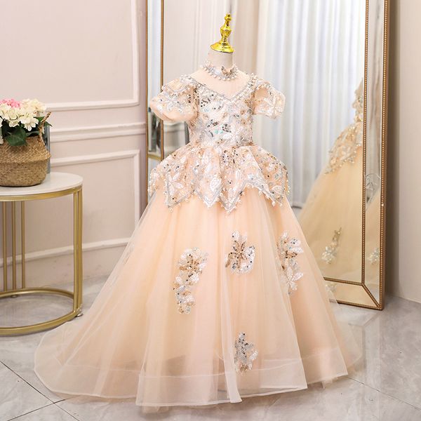 

2022 flower girls dresses sheer neck long train hand made flowers kids formal wear beaded crystal satin girl dress for wedding, White;red