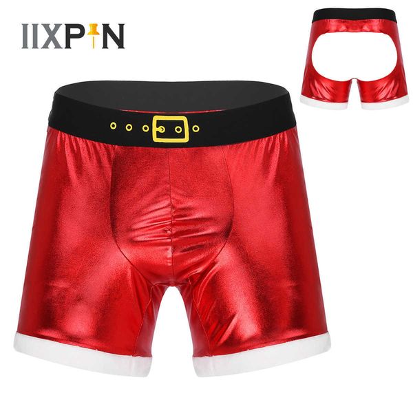 

set men metallic shiny open butt shorts elastic wide waist bulge pouch boxer brief flannel trimming sissy underwear christmas gift t221103, Red;black