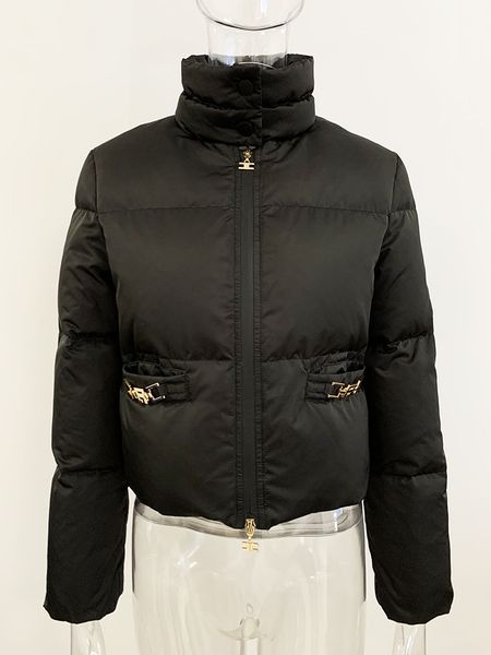 

high-quality fashion lady lion buttons zipper white down short jacket, Black