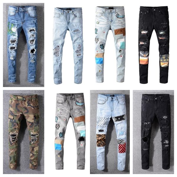 

europe and the united states designer men's jeans faux old motorcycle biker rock slim hole letters quality brand hip-hop, Blue