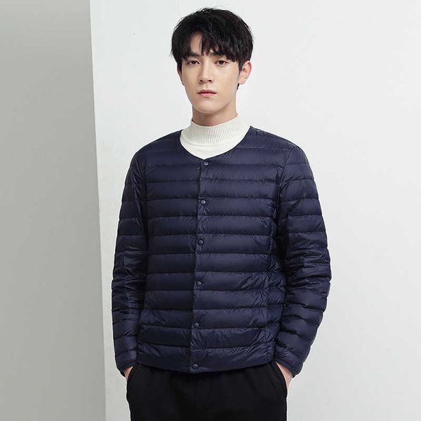 

light down jacket for men 2022 winter solid color simple youth round neck cardigan casual coat, Black