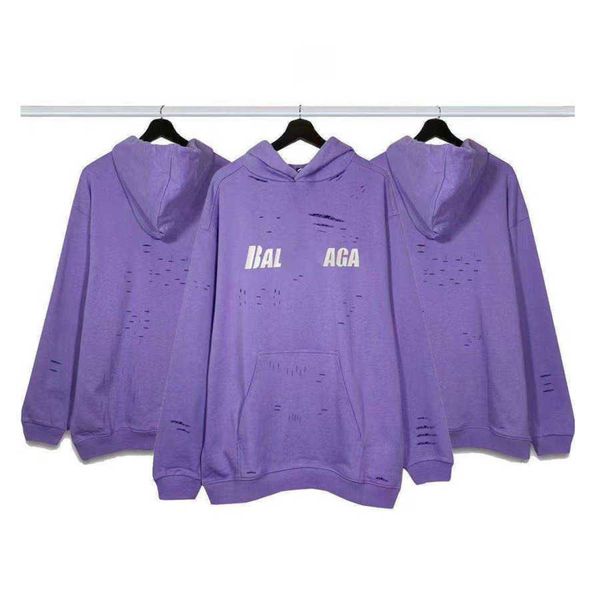 

fashion brand designer hoodies paris hole tearing washed chest letter print loose pullover sweatshirts purple balanciagas, Black