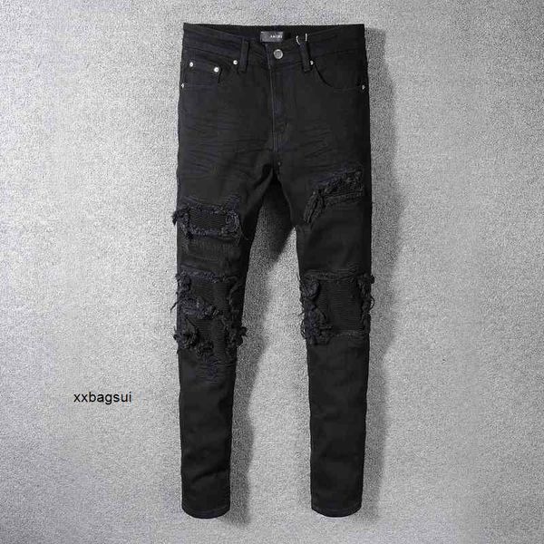 

elastic 2023 amirs mens jeans gaojiechao brand black jeans men's scraped hole pants patch beggar's slim leggings rmv, Blue