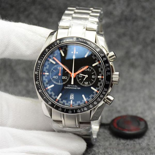 

high grade 44mm quartz chronograph mens watches red hands stainless steel bracelet fixed bezel with a ring showing tachymeter 233h, Slivery;brown