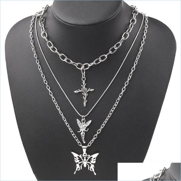 

pendant necklaces pendant necklaces punk hip hop sier color cross choker for men women cool 3 layers butterfly angel necklace fashio dh1qm, Silver