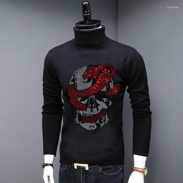 

men's sweaters men's turtleneck sweater comfortable customization rhinestone knit pullover warm all-match wool fashion slim knitwe, White;black