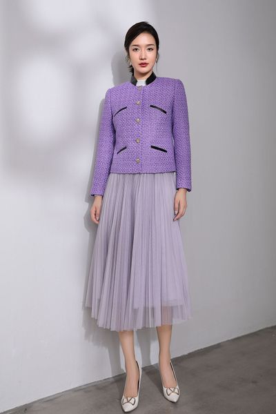 

high-quality lady two piece dress woolen single-breasted round-neck jacket and mesh fabric elasitc-waist skirt, White