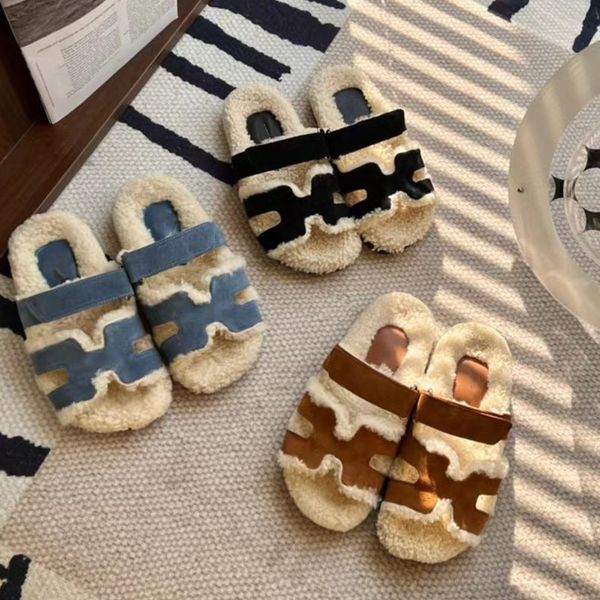 

luxury brand popular 2022 new fur one teddy roll fashionable comfortable geometric figure line slippers women's wool cotton slippers, Black