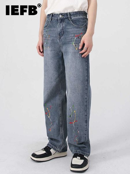 

men's jeans iefb men's pants new korean fashion straight tube ground design 2022 vintage autumn wide leg jeans male trousers 9a538, Blue