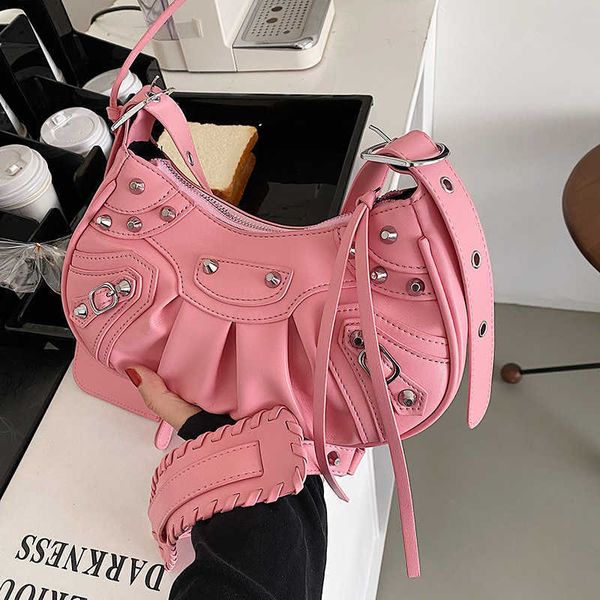 

balenicass fashion leather biker bag lecagole net red rivet small women's 2022 new wrinkled child mother crescent personalized versatil