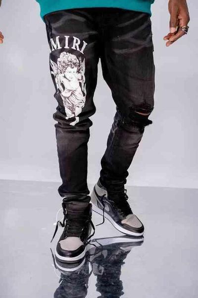 

men's jeans amirs mens jeans designer ch amirs high street tide brand washing water black cupid angel print hole slim fit men hip, Blue
