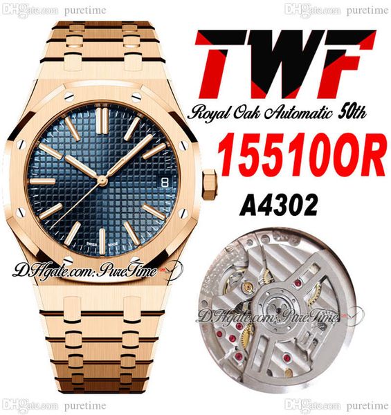 

twf 41mm 1551 a4302 automatic mens watch 50th anniversary rose gold blue textured dial stick markers stainless steel bracelet watches super, Slivery;brown