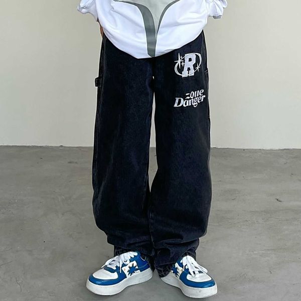

men's jeans retro letter print straight loose jeans for men wide leg pants oversize y2k streetwear casual trousers jean baggy high stre, Blue