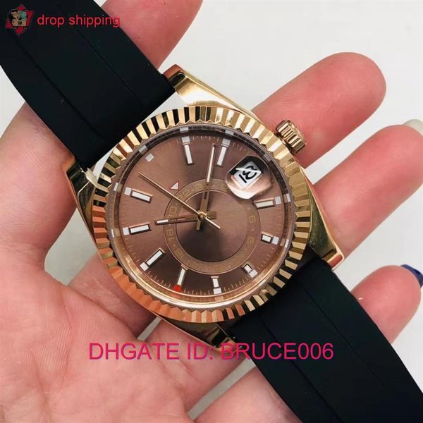 

high cost effective mens sky dweller rubber strap watch automatic mechanical 42mm yellow gold 326238 sapphire full function small 215m, Slivery;brown