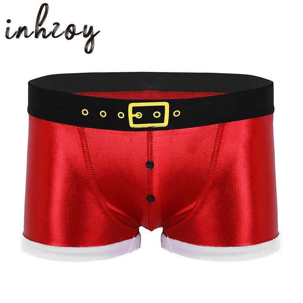

set christmas underwear men red faux leather belt printed panties holiday novelty santa claus costume male tight boxer shorts t221103, Red;black