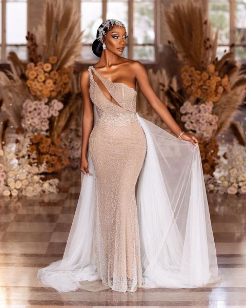 

mermaid aso ebi wedding dresses with tulle cloak train one shoulder glitter sequins beaded bridal wedding gown, White
