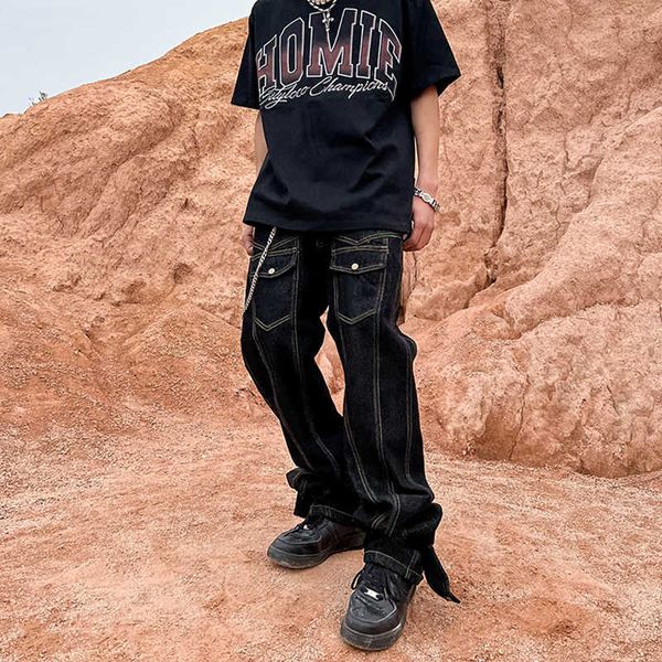 

men's jeans hip hop jeans men distressed washed vintage multi-pocket denim pants harajuku retro ankle zipper button trousers streetwear, Blue