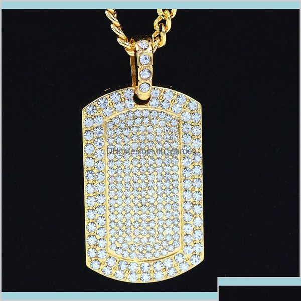 

pendant necklaces mens jewelry vintage filled iced out rhinestone gold color charm square dog tag necklace with cuban chain hip hop otgn7, Silver