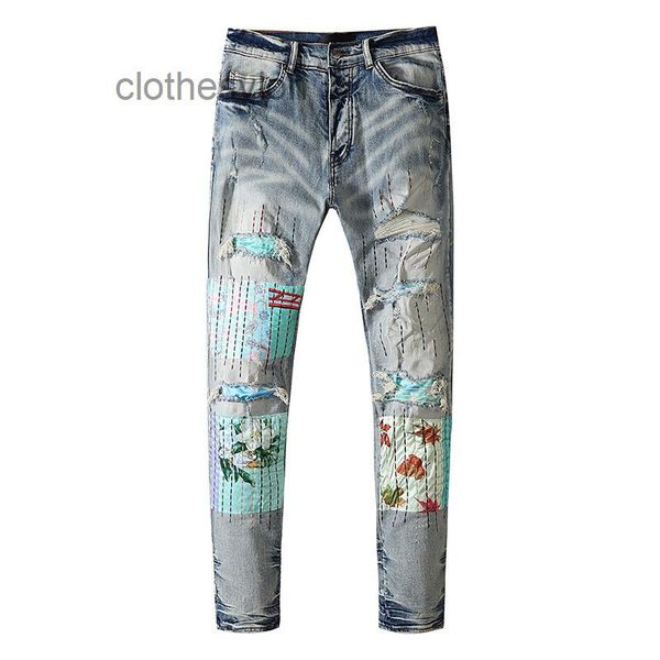 

hole 2023 amirs jeans patch jean designer y men's slim fashion brand color fit line small foot mwq, Blue